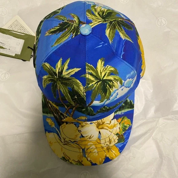 Gucci Blue Tropical Palm & Yellow Floral Baseball Cap - Picture 1 of 11
